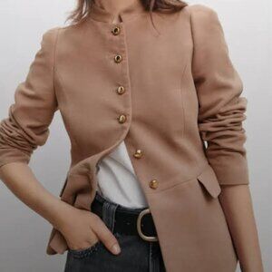 ZARA Tailored Mandarin Collar Blazer Pink Gold Buttons Military Jacket S